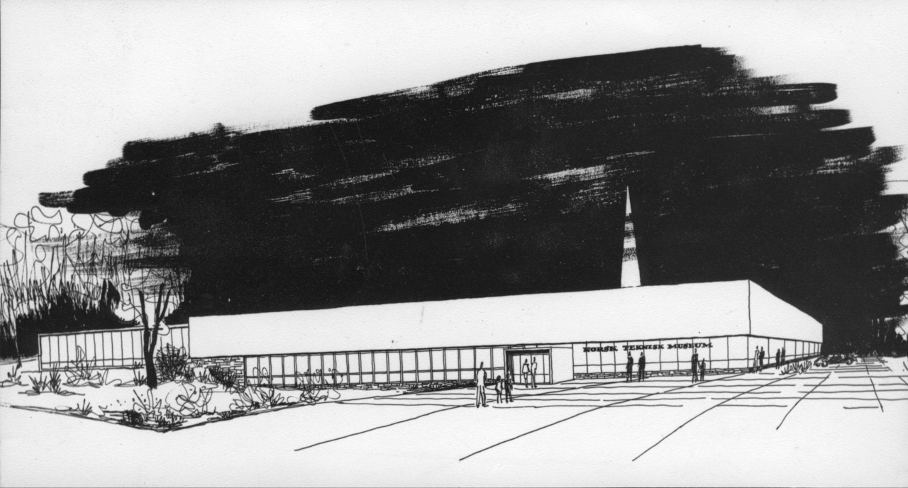 Skissetegning av det nye museet i modernistisk stil